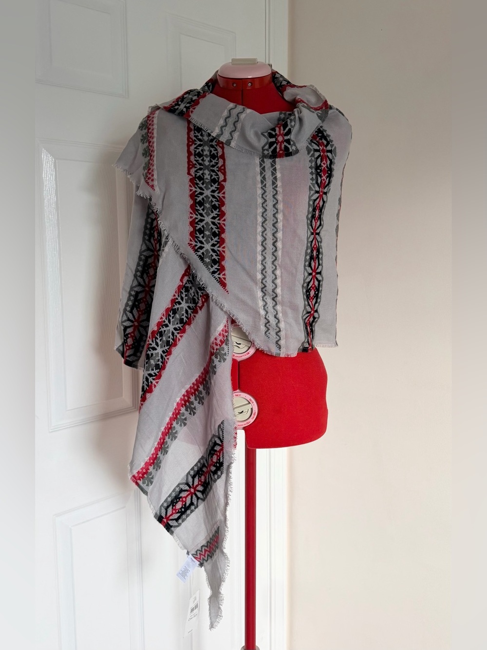 NWT J. Jill Embroidered Fair Isle Scarf Zinc Multi Wool Blend Boho Wrap Ethnic